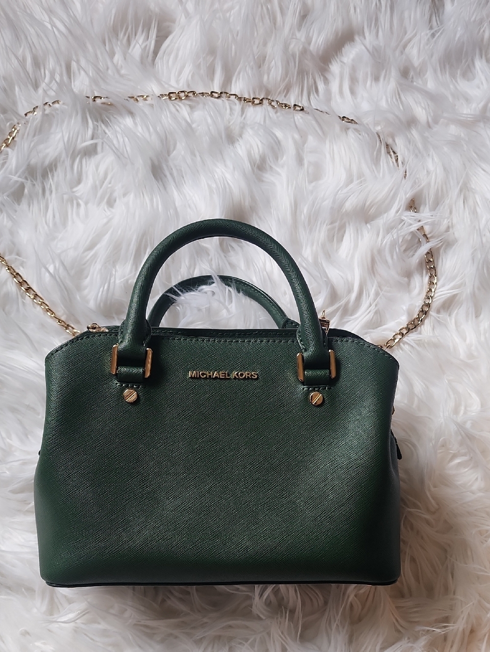 Michael Kors Emerald Green Saffiano Leather Mini Satchel with Gold Chain